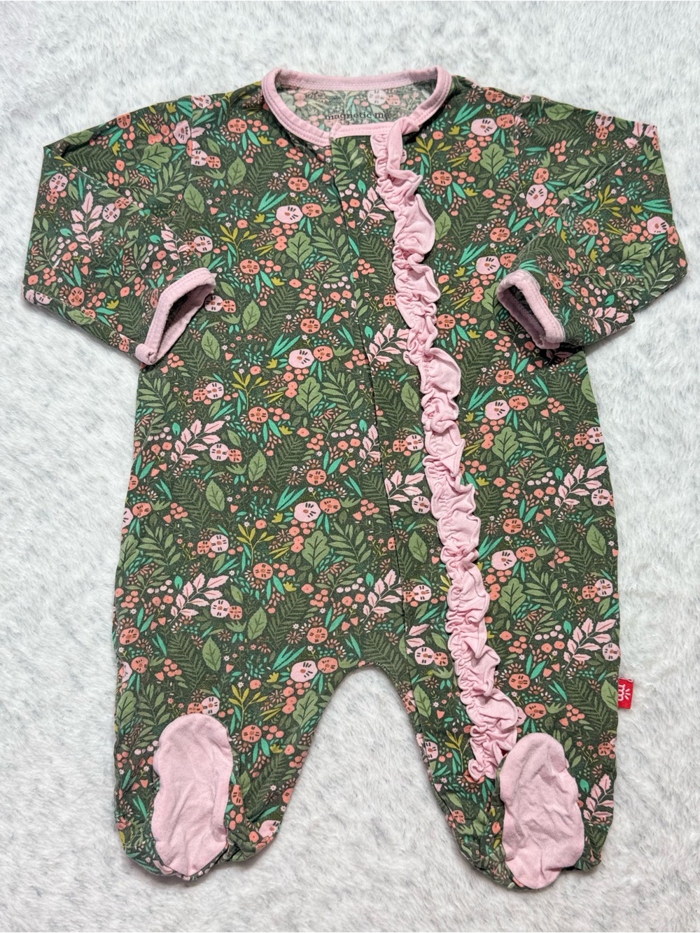 Magnetic Me Green Botanical Floral Footie Sleeper 0-3M Baby Girl Modal Ruffle
